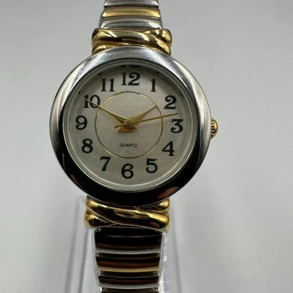 3/$30 Two Tone Watch Women Gold Silver Easy Read Dial Stretch Band New Battery